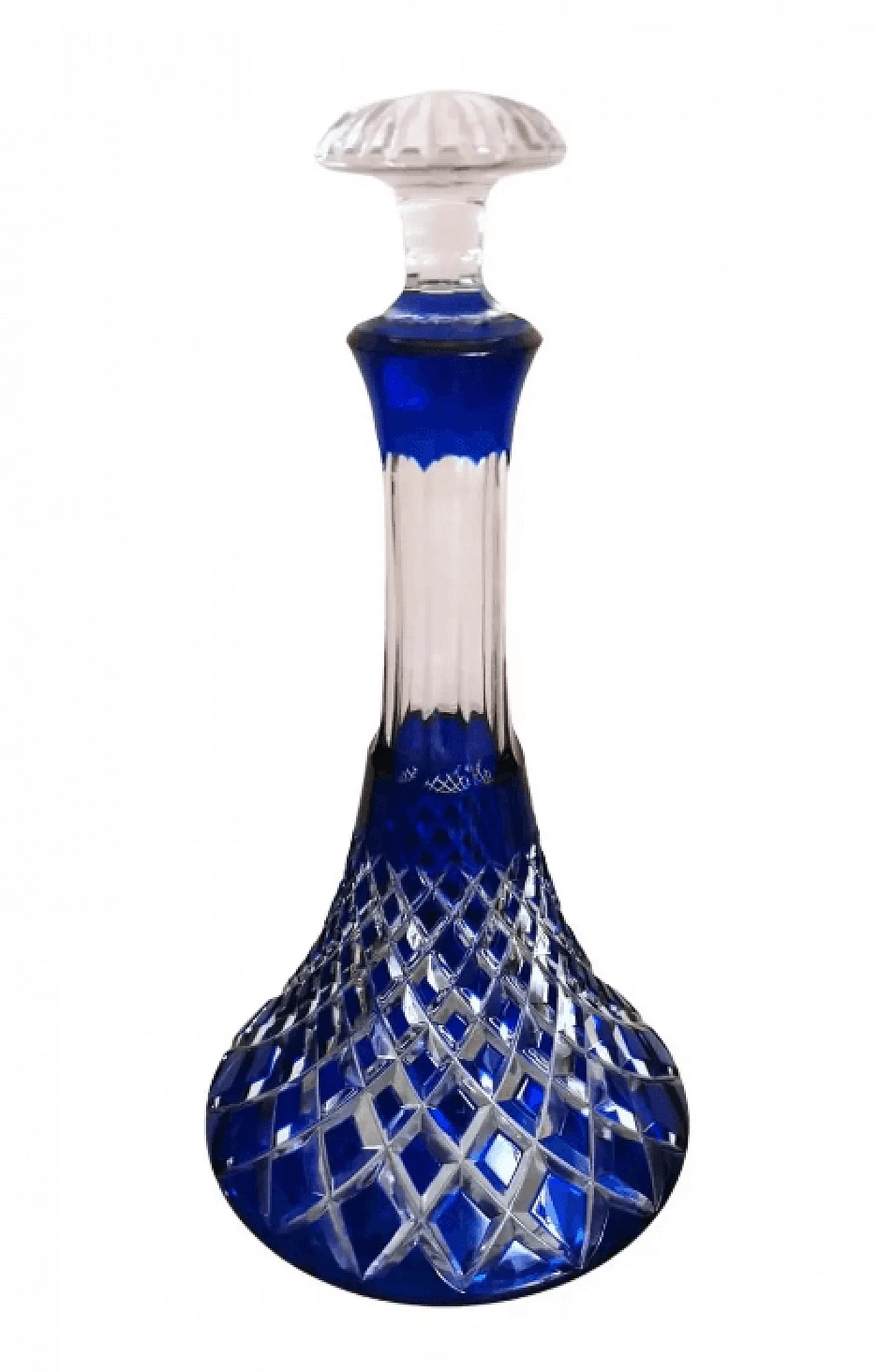 Bottiglia decanter francese in cristallo tagliato blu, anni '50 1