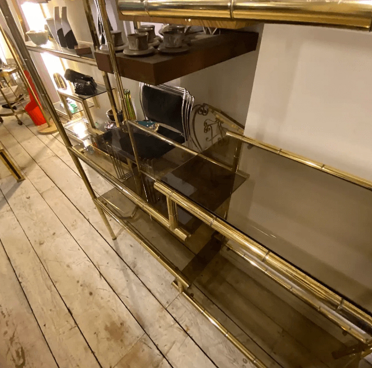 Brass and smoked glass bookcase, 1960s 13