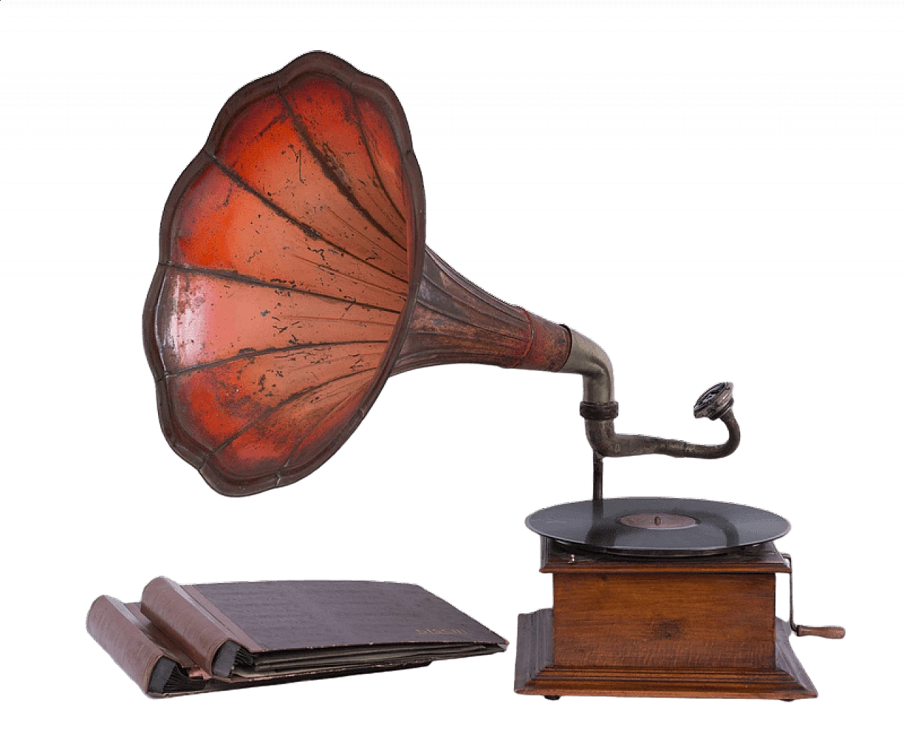 Grammofono in legno di rovere con tromba in latta, primo '900 5