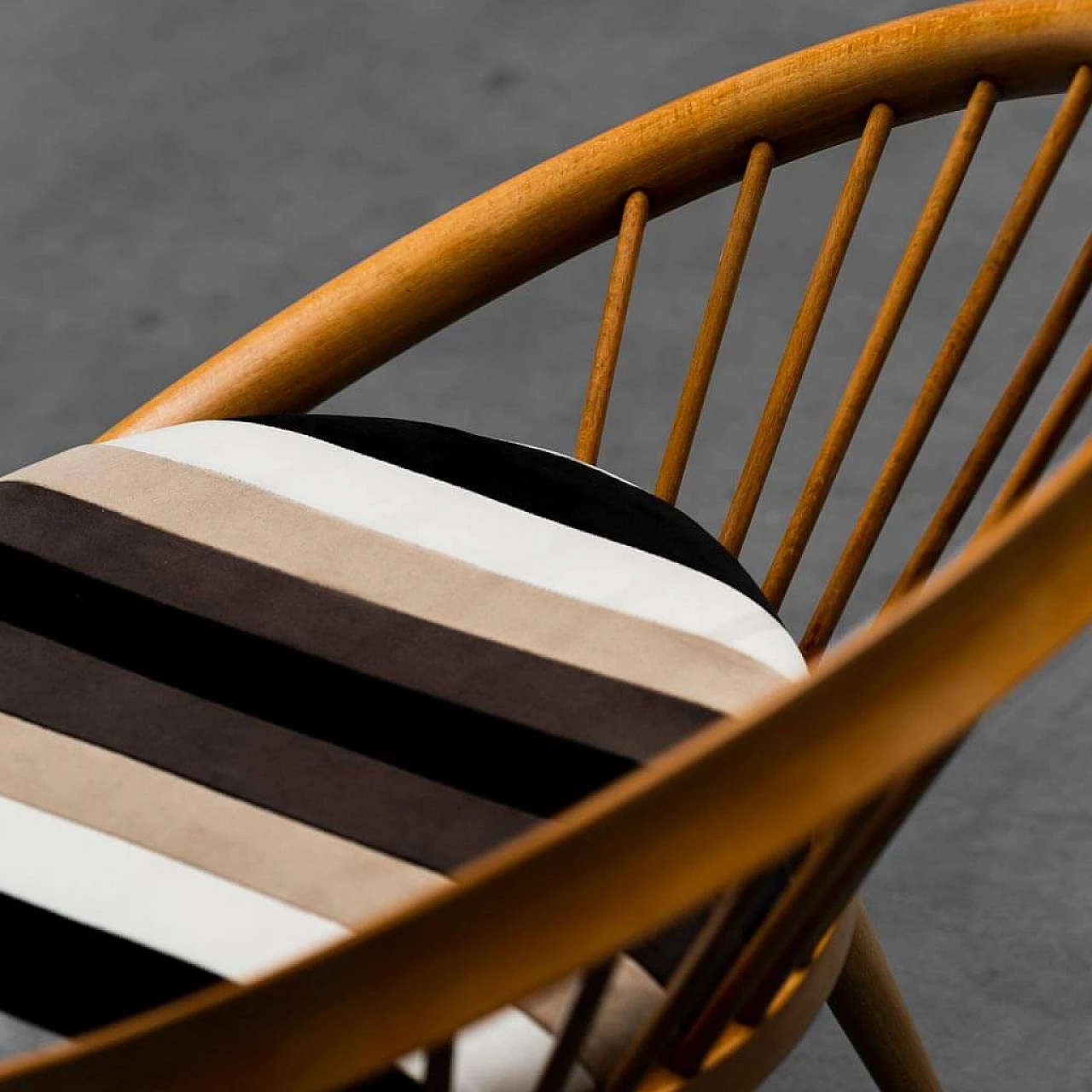 Circular wooden armchair with velvet cushion, 1960s 2