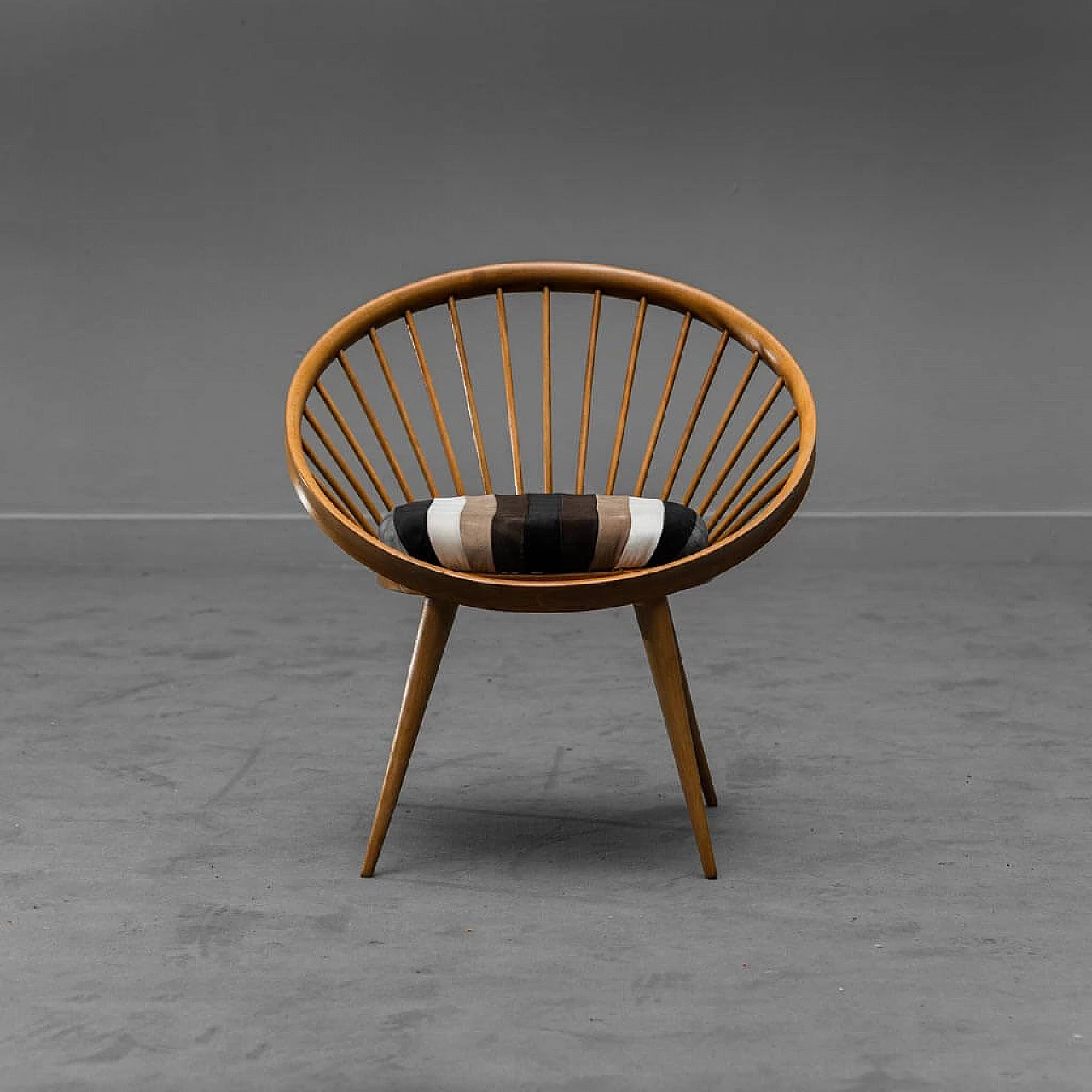 Circular wooden armchair with velvet cushion, 1960s 4
