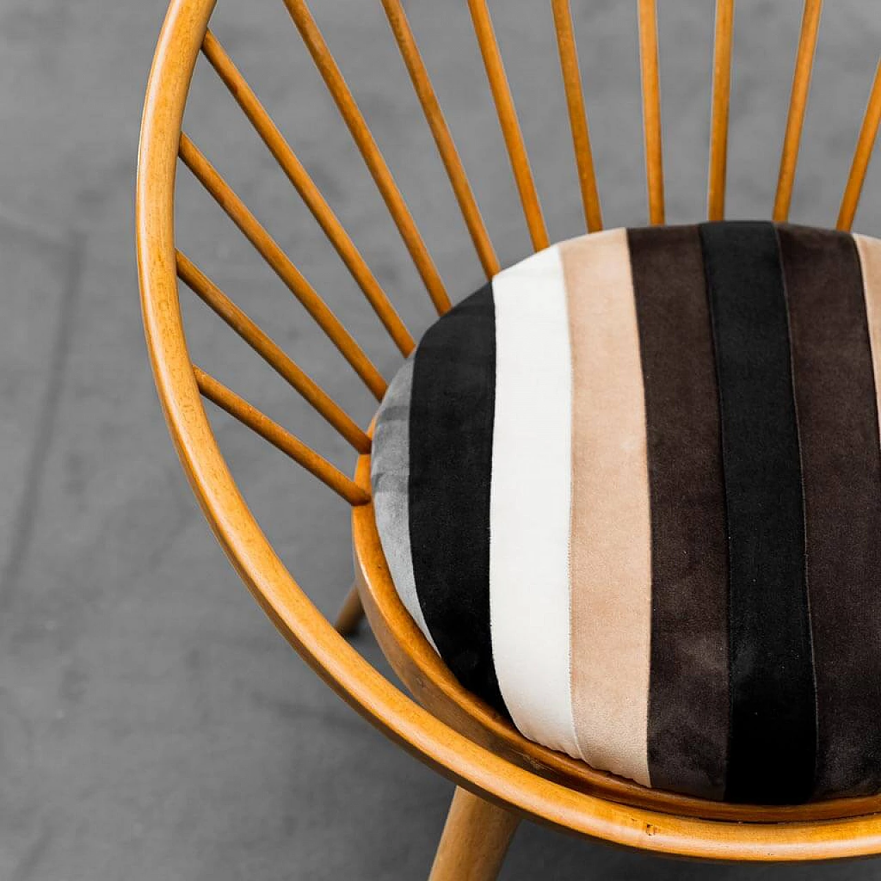 Circular wooden armchair with velvet cushion, 1960s 6
