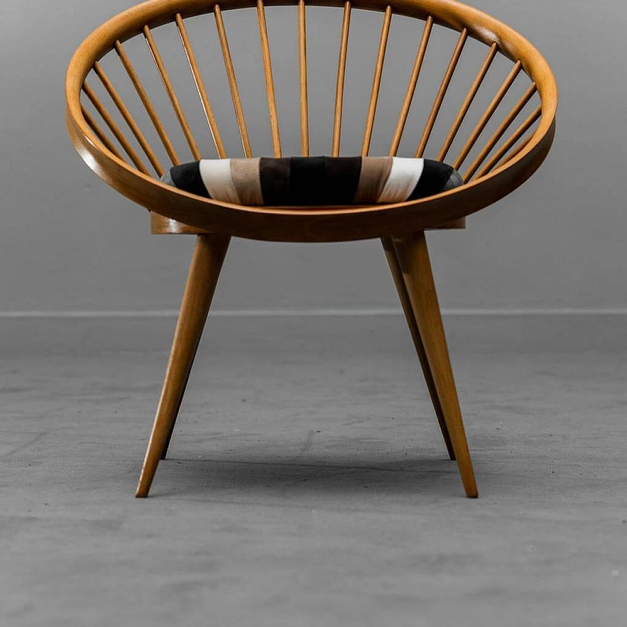 Circular wooden armchair with velvet cushion, 1960s 7