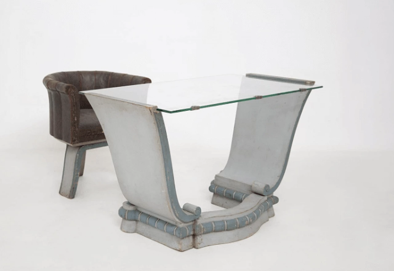 Wood and glass desk with armchair, 1930s 2