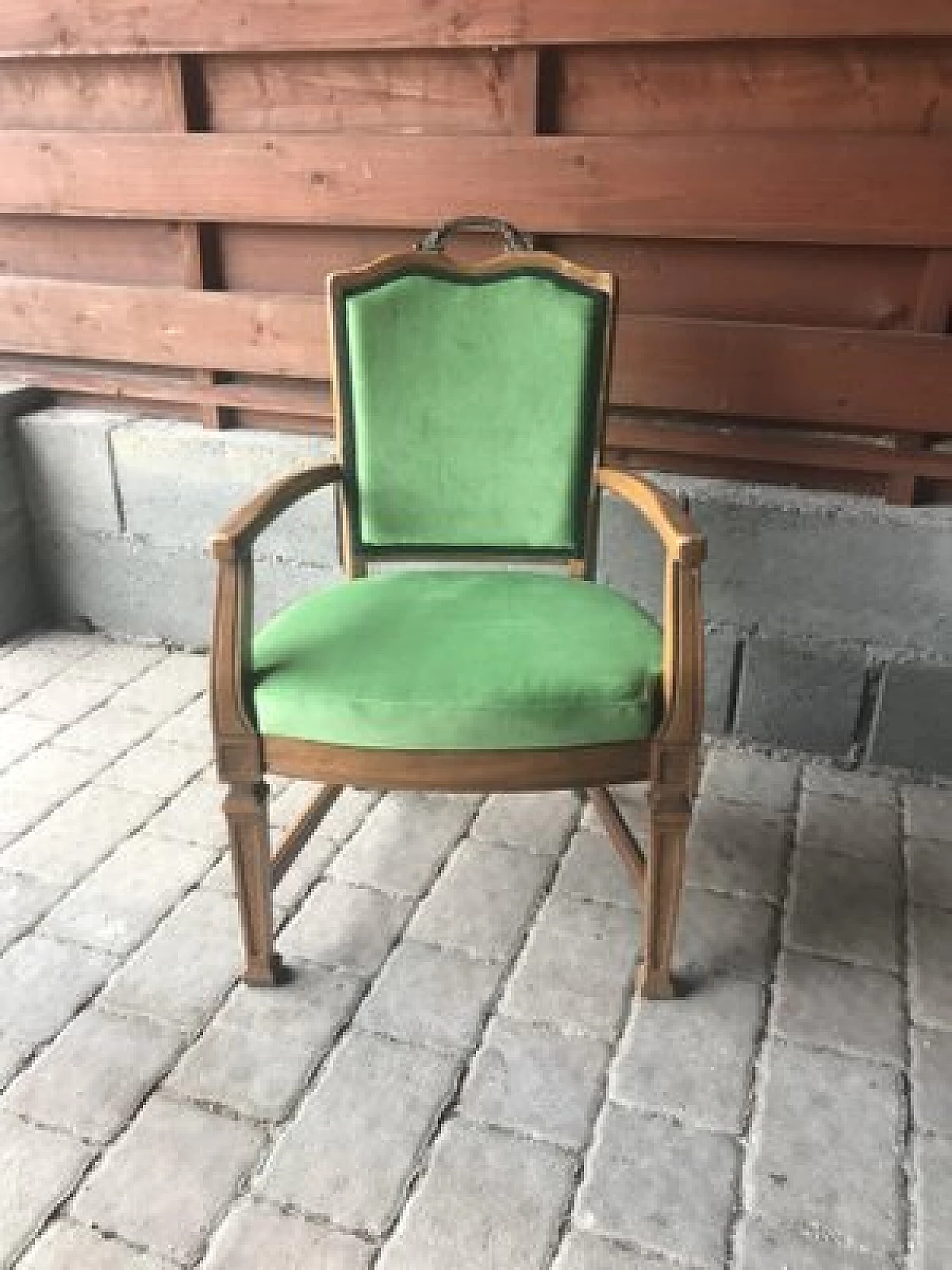 French armchair in wood with green upholstery, early 1900s 1