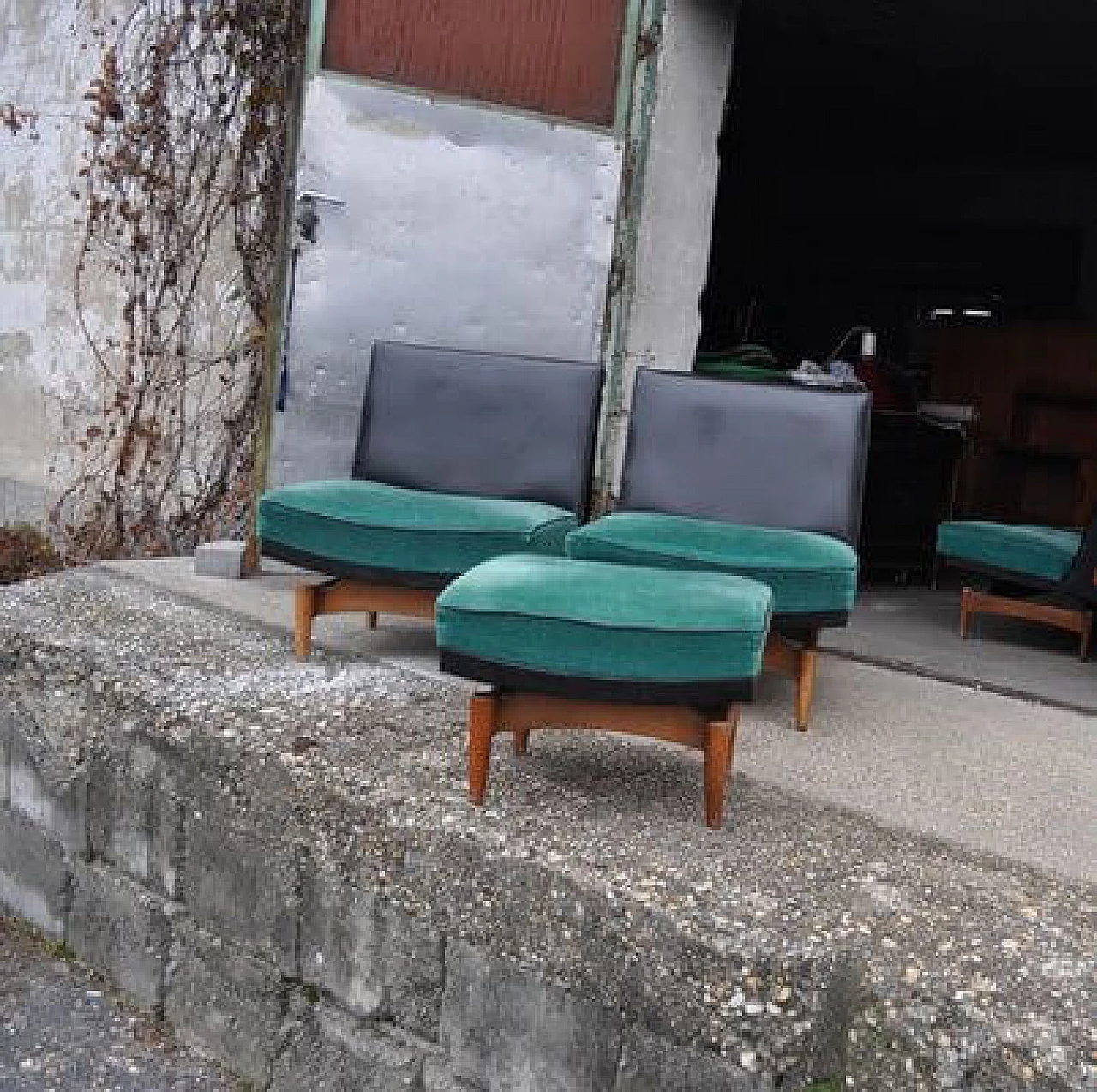 Pair of danish armchairs with sofa and ottoman, 1960s 3