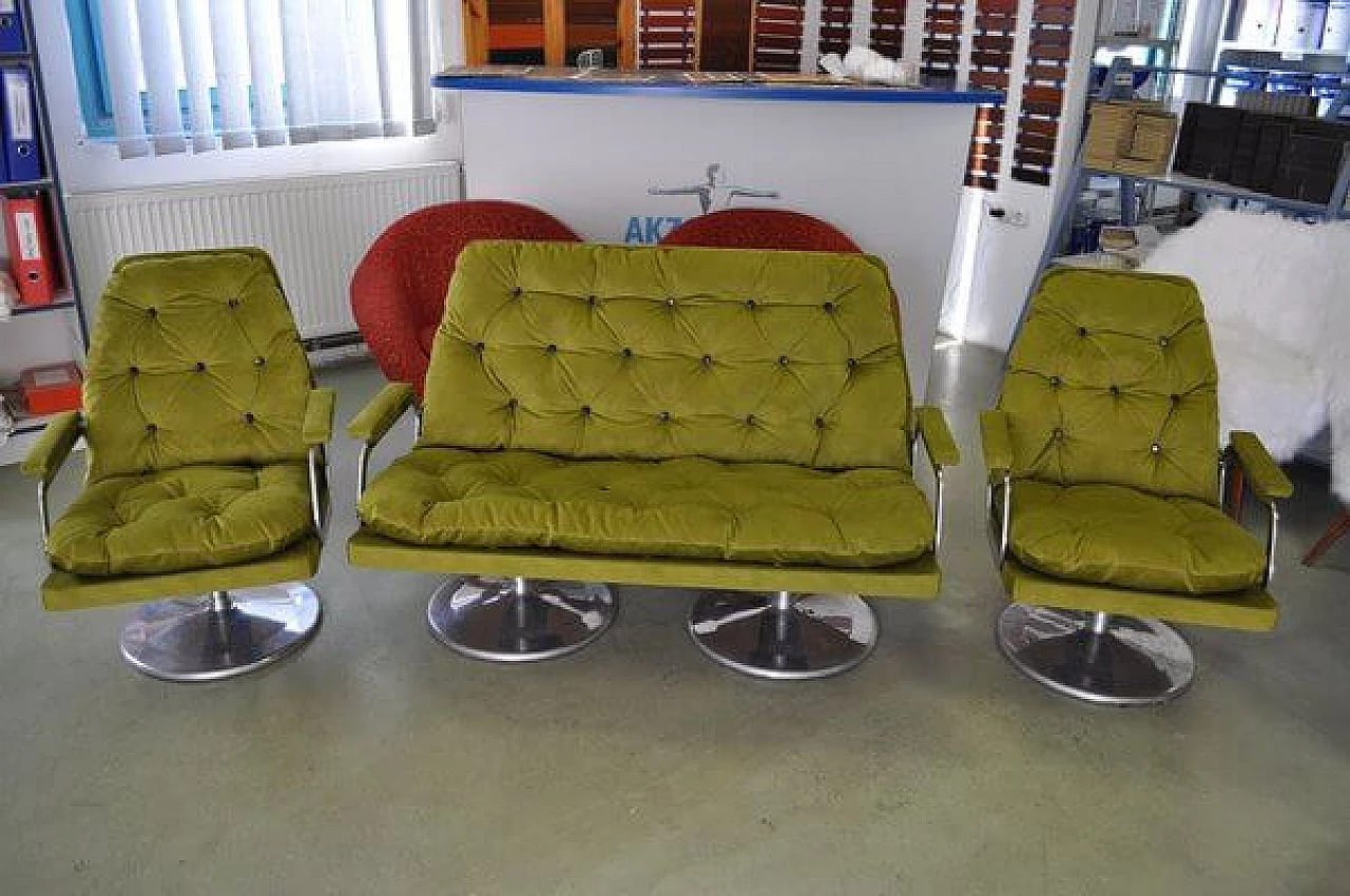 Coppia di poltrone e divano in stoffa verde, anni '60 1