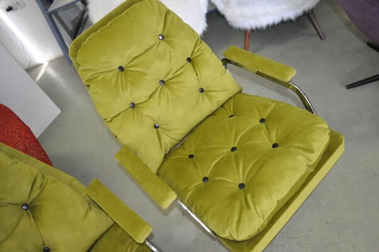 Coppia di poltrone e divano in stoffa verde, anni '60 6