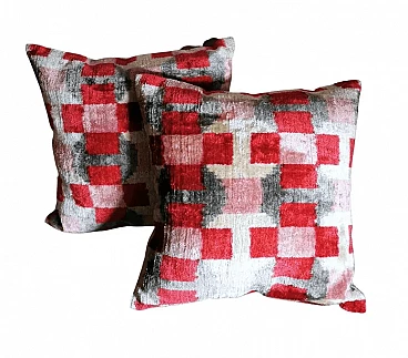 Pair of handmade square Ikat fabric pillows, 2000s