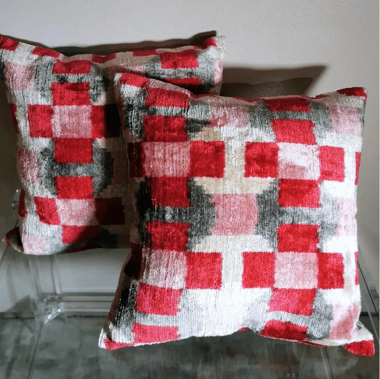 Pair of handmade square Ikat fabric pillows, 2000s 2