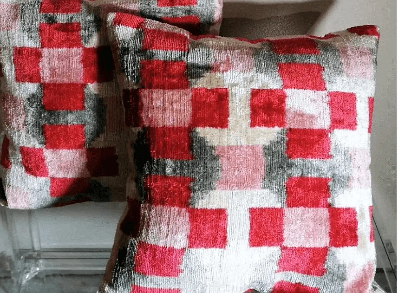 Pair of handmade square Ikat fabric pillows, 2000s 3