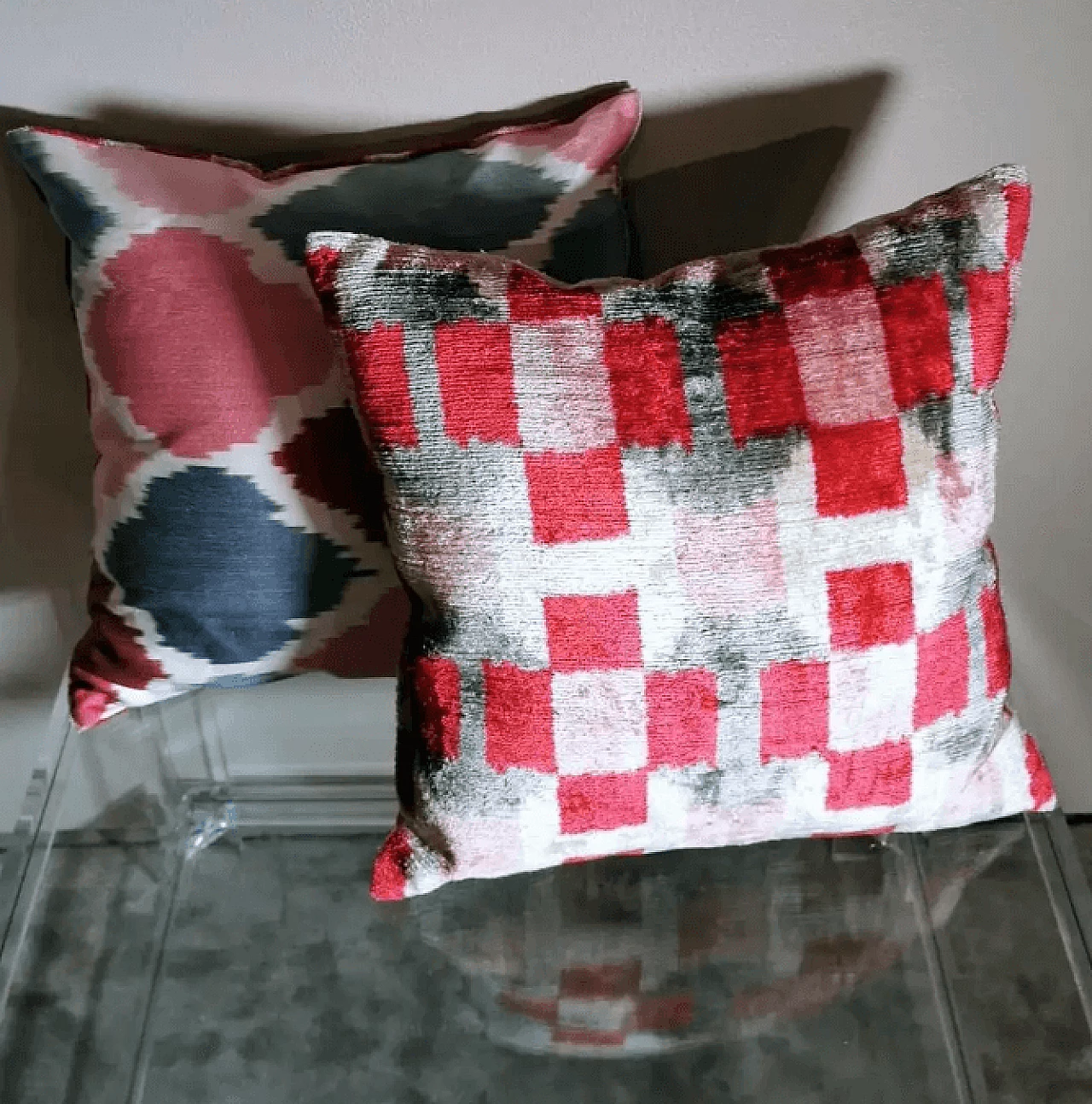 Pair of handmade square Ikat fabric pillows, 2000s 4