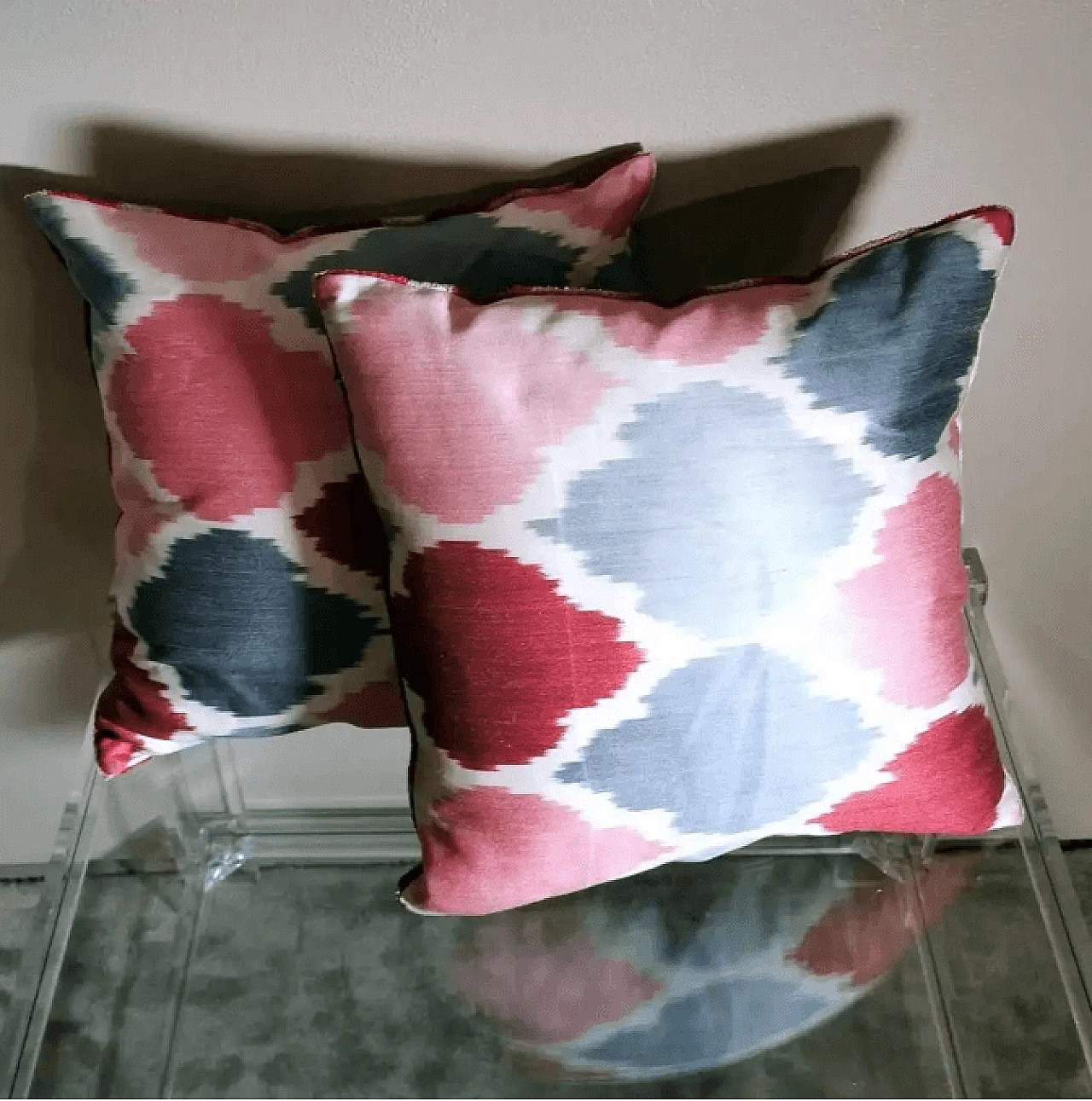 Pair of handmade square Ikat fabric pillows, 2000s 5
