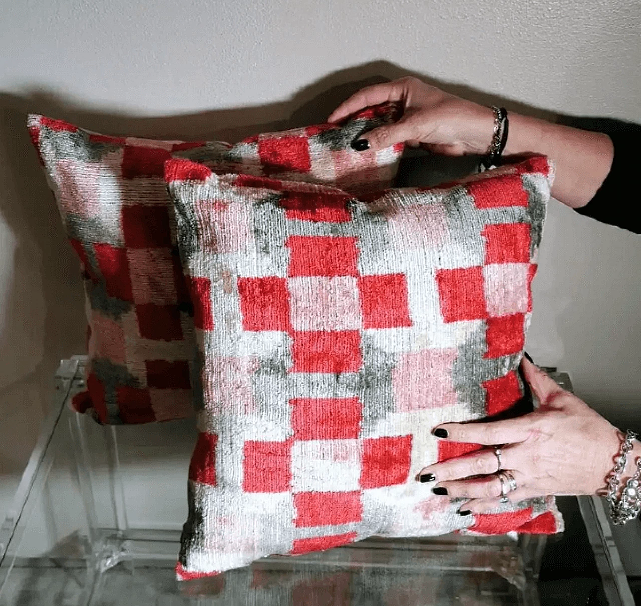 Pair of handmade square Ikat fabric pillows, 2000s 6