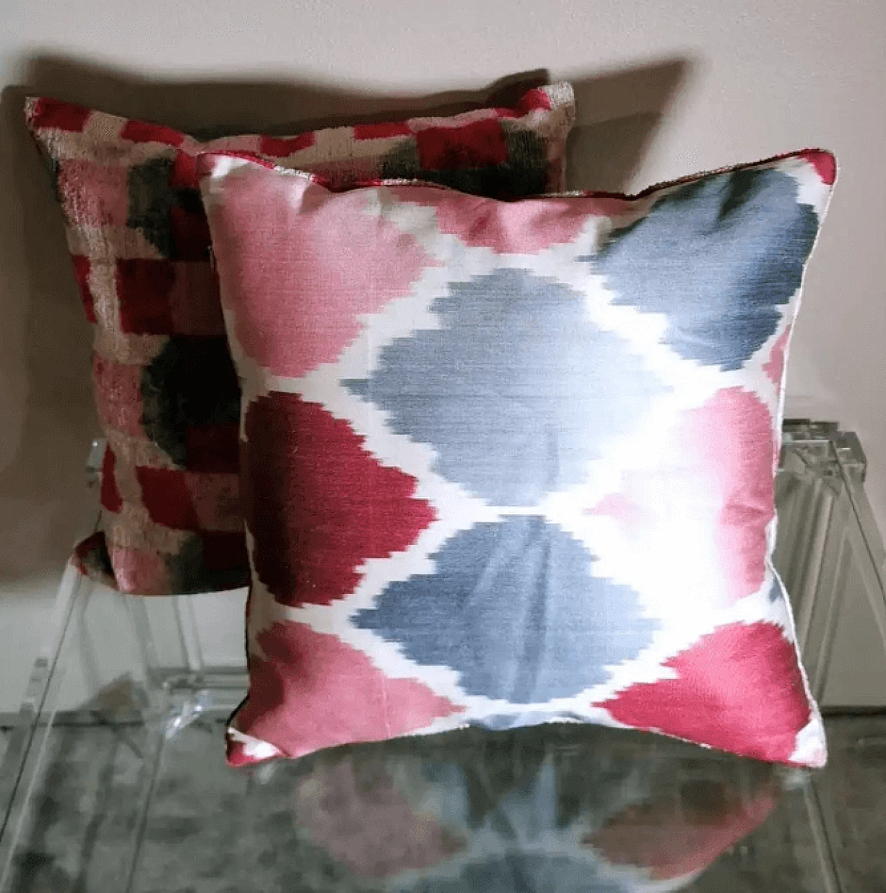 Pair of handmade square Ikat fabric pillows, 2000s 7