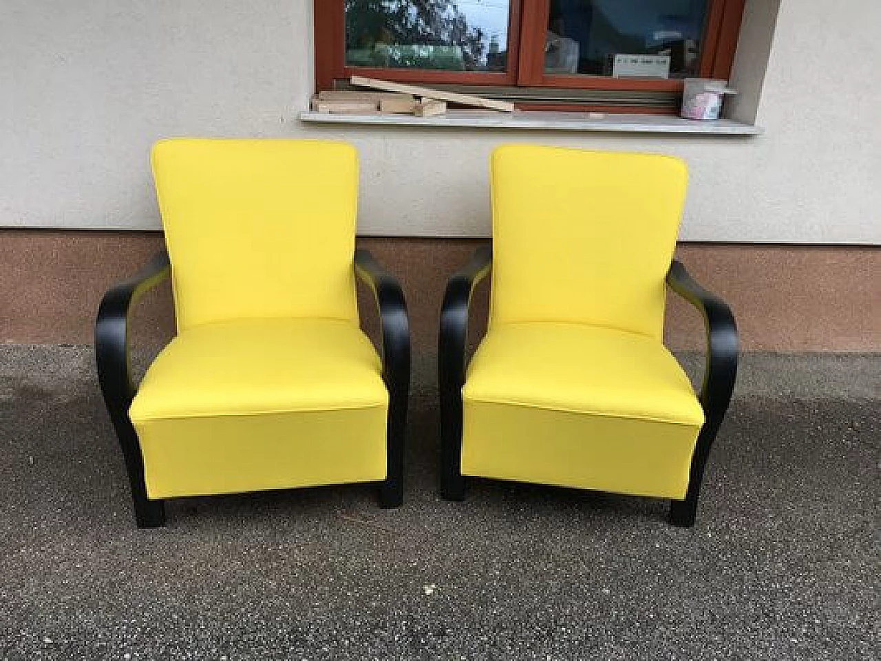 Pair of armchairs with yellow cotton upholstery, 1920s 1