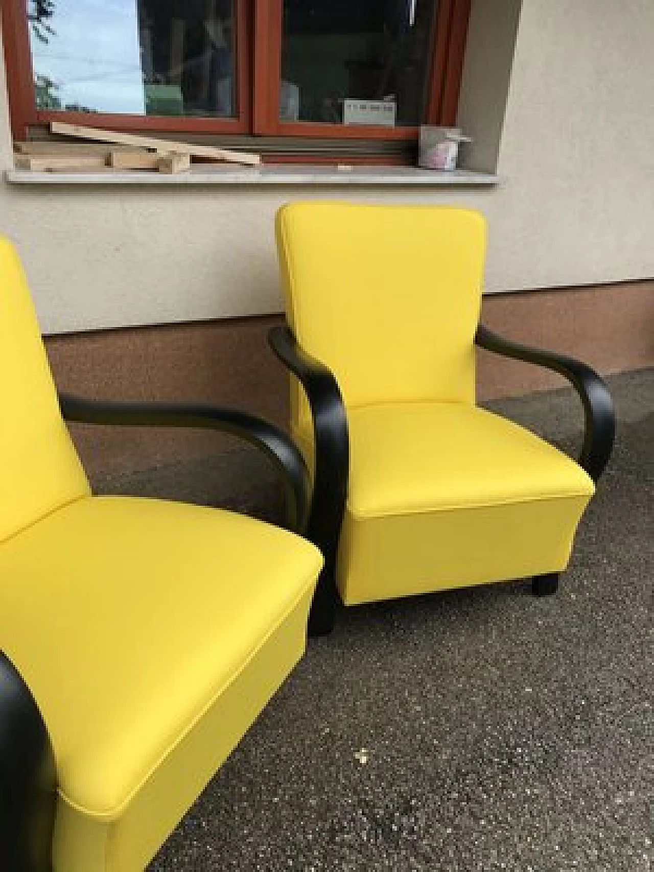 Pair of armchairs with yellow cotton upholstery, 1920s 4