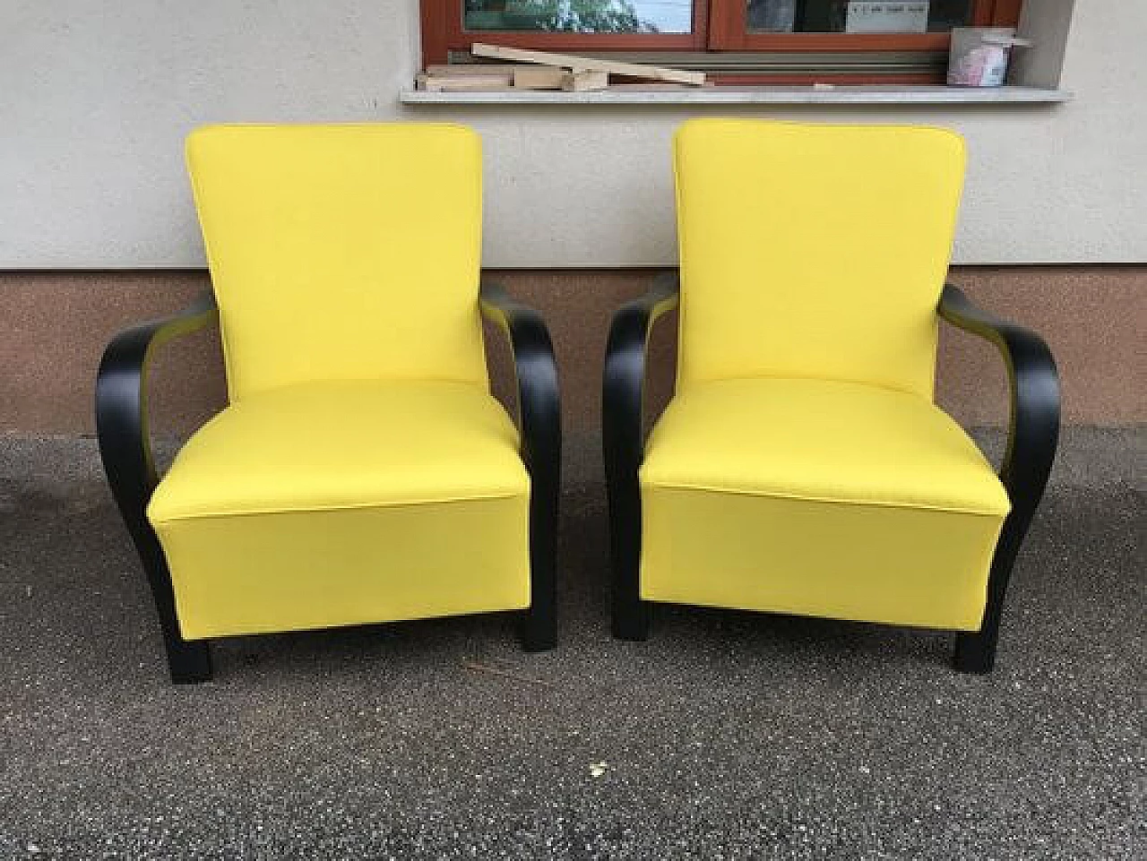 Pair of armchairs with yellow cotton upholstery, 1920s 5