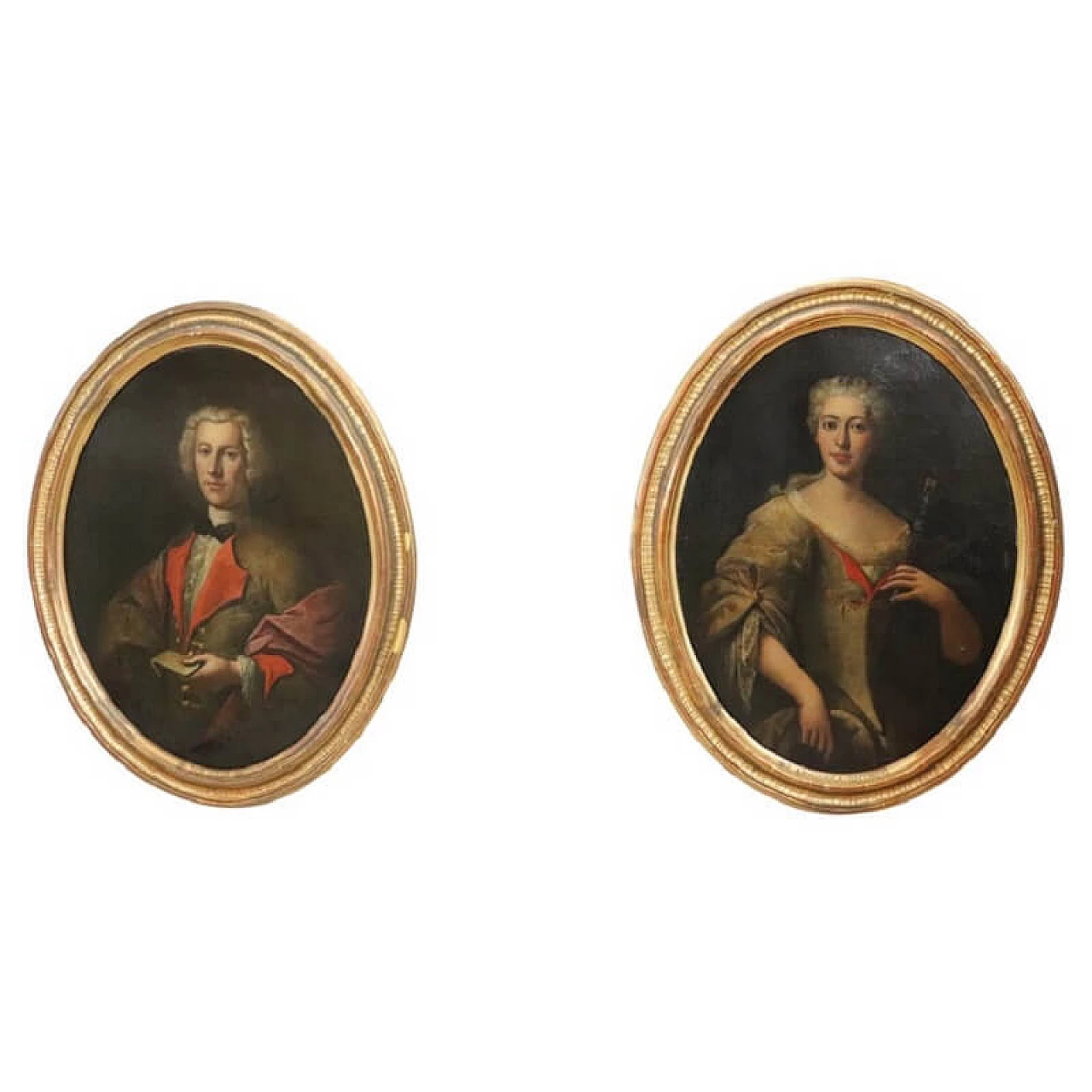 Coppia di ritratti ad olio su tela ovale di coniugi, '700 1