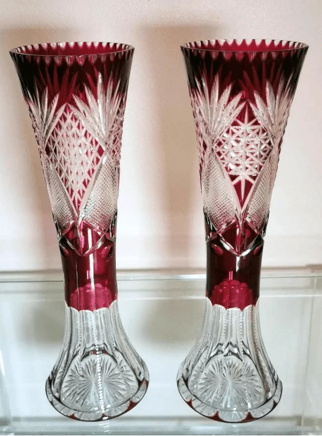Pair of cut and ground lead crystal vases, 1950s 2