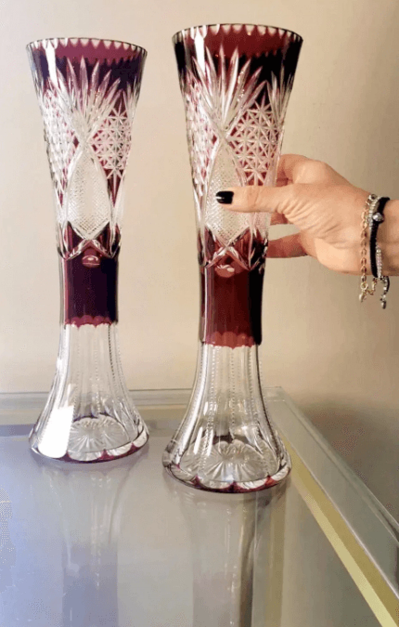 Pair of cut and ground lead crystal vases, 1950s 15