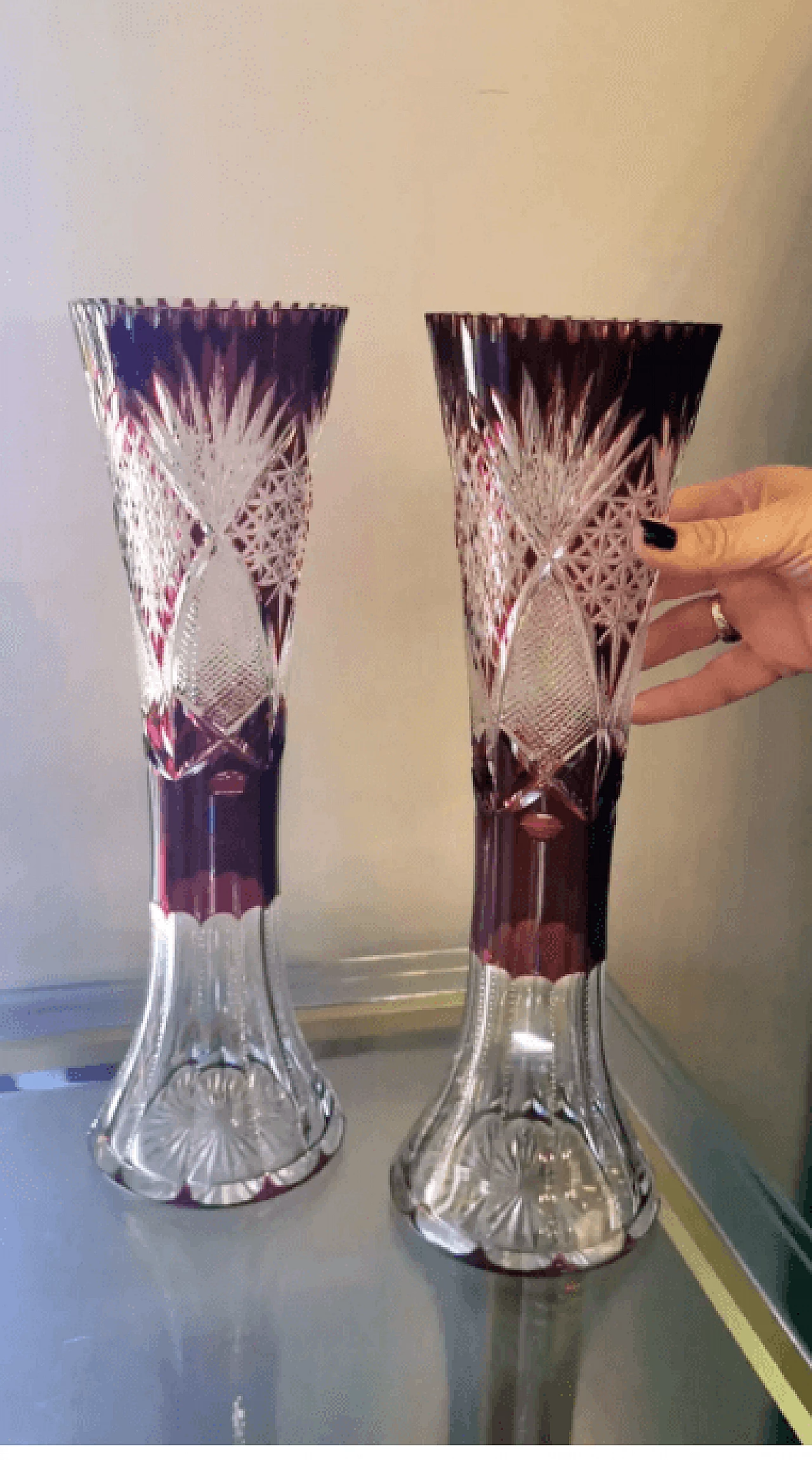 Pair of cut and ground lead crystal vases, 1950s 16