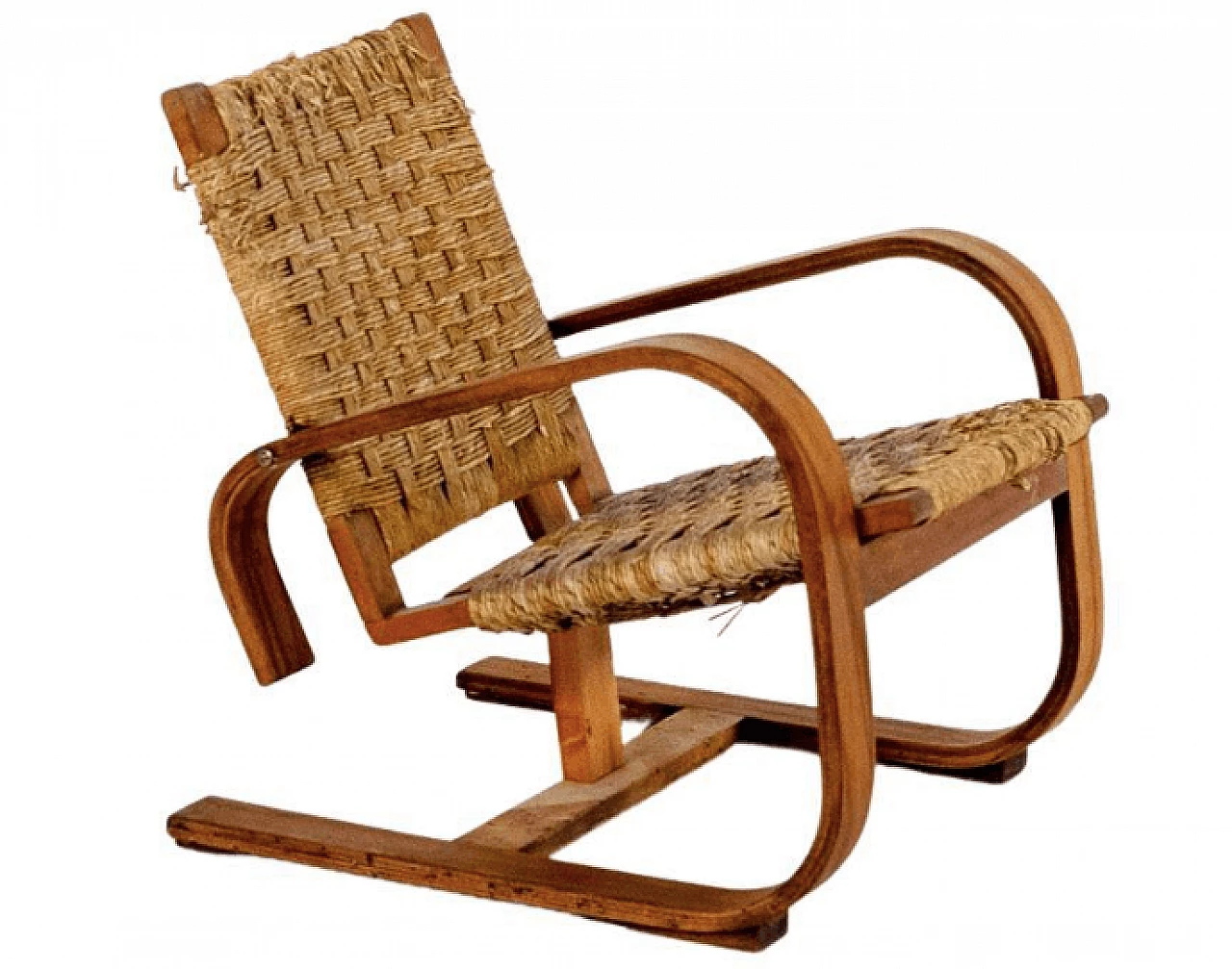Wood and wicker armchair attributed to Giuseppe Pagano, 1940s 1
