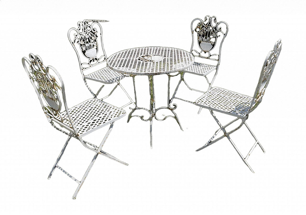 Table with 4 white painted iron garden chairs, 1960s 8
