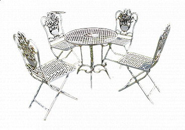 Table with 4 white painted iron garden chairs, 1960s