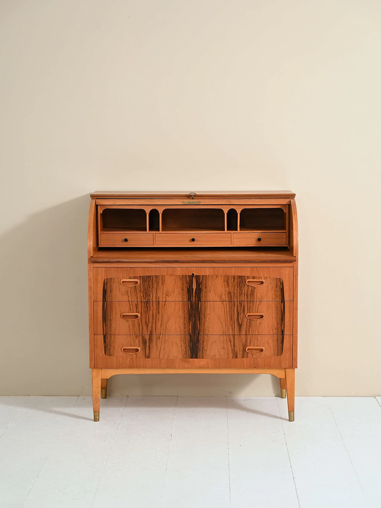 Secretaire in teak con cassetti e piano estraibile, anni '60 4