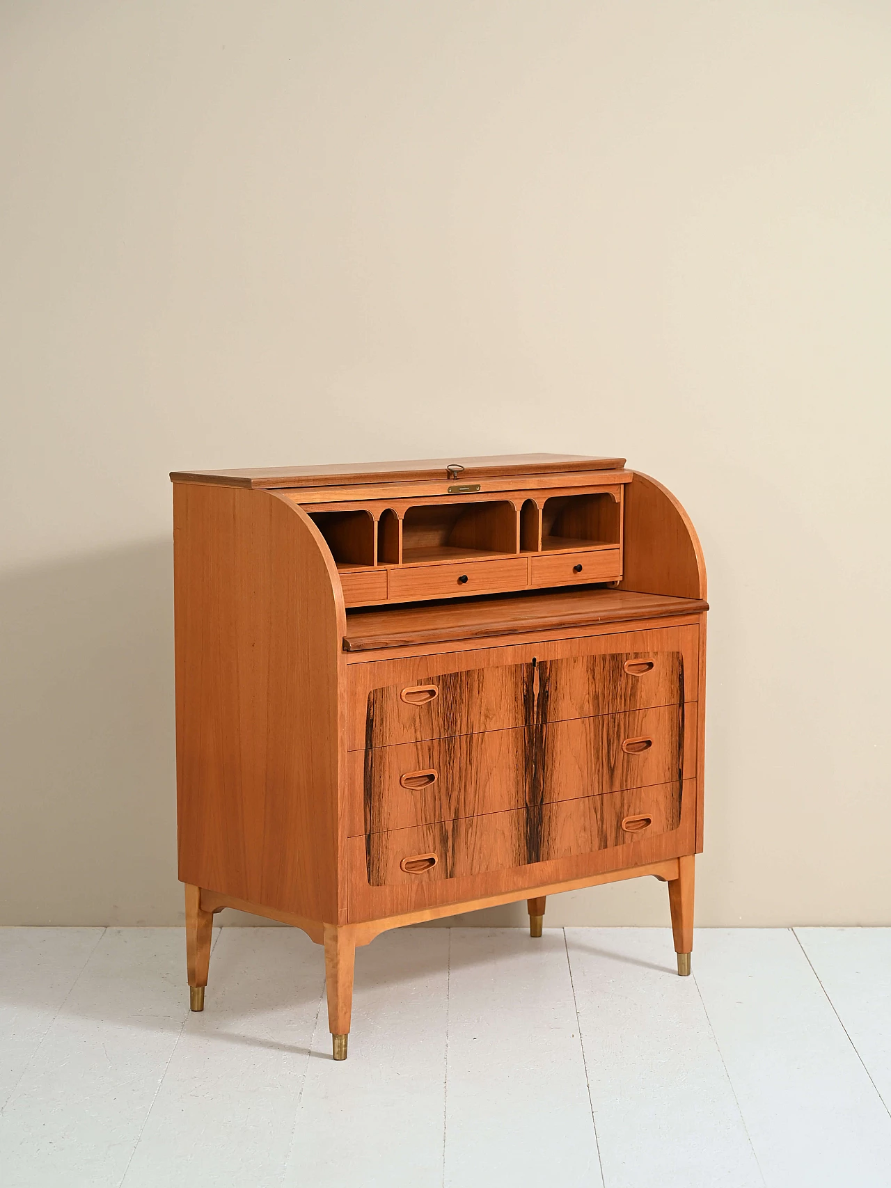 Secretaire in teak con cassetti e piano estraibile, anni '60 7