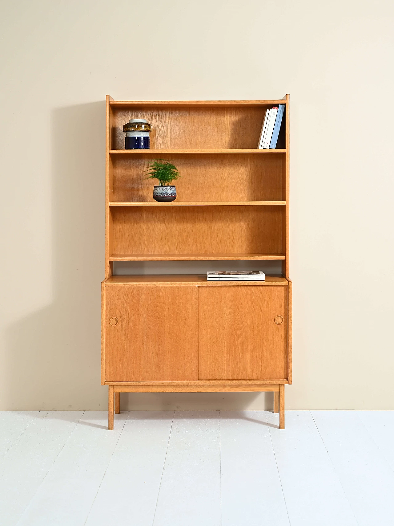 Bookcase in oak with sliding doors, 1960s 4