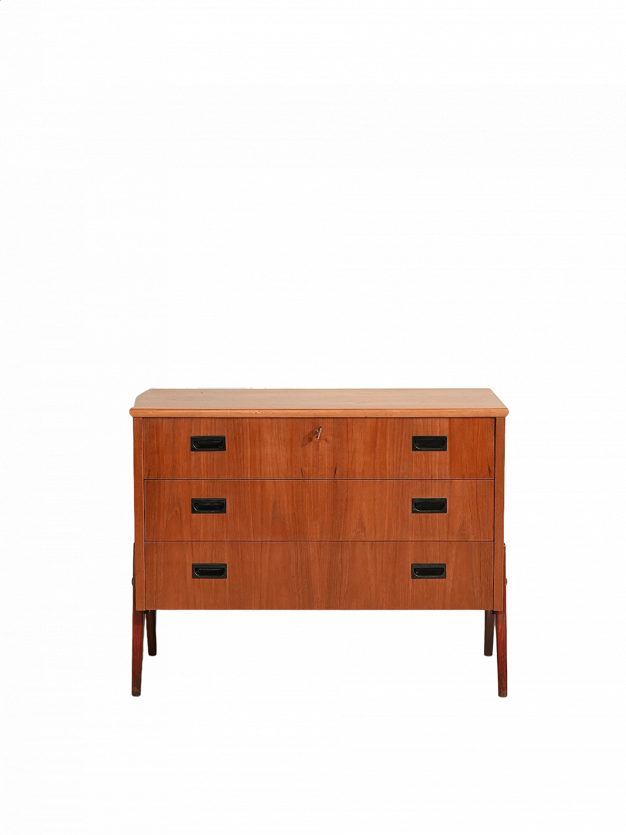 Cassettiera in legno con maniglie nere, anni '60 10