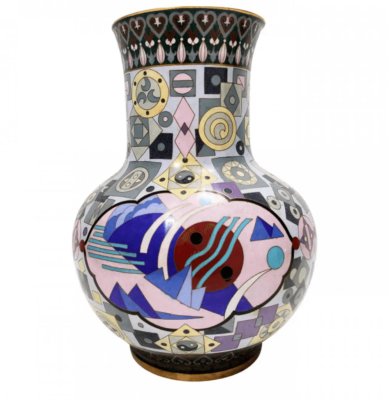 Vaso cinese di Jingfa Cloisonné colorato con base in ottone, anni '70 1