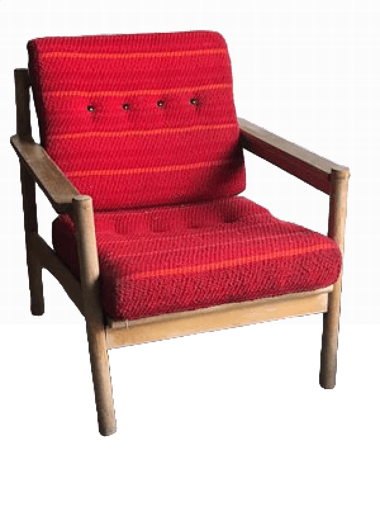 Coppia di poltrone con struttura in legno e cuscini rossi, anni '60 7