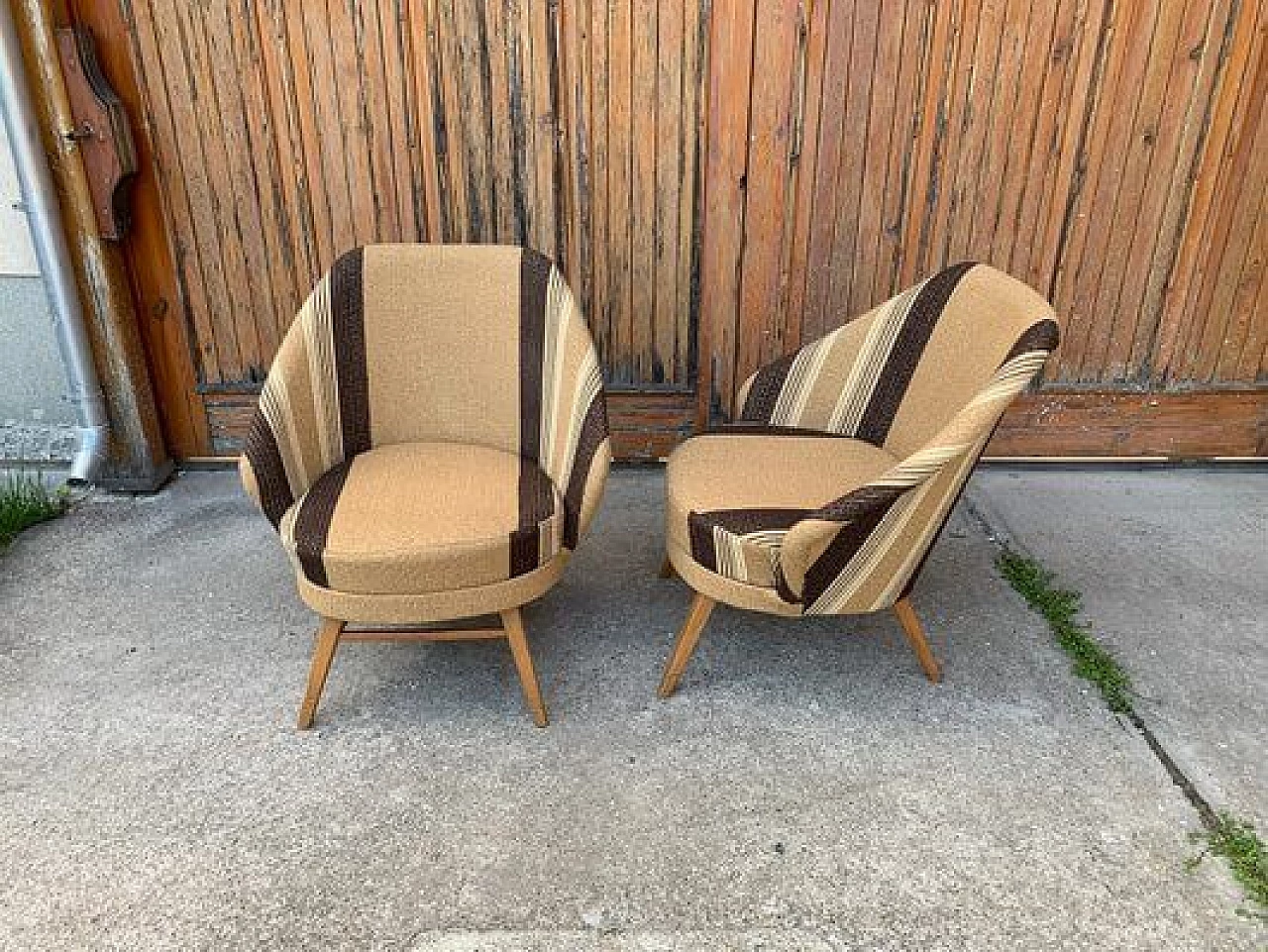 Pair of armchairs upholstered in brown striped fabric, 1950s 1