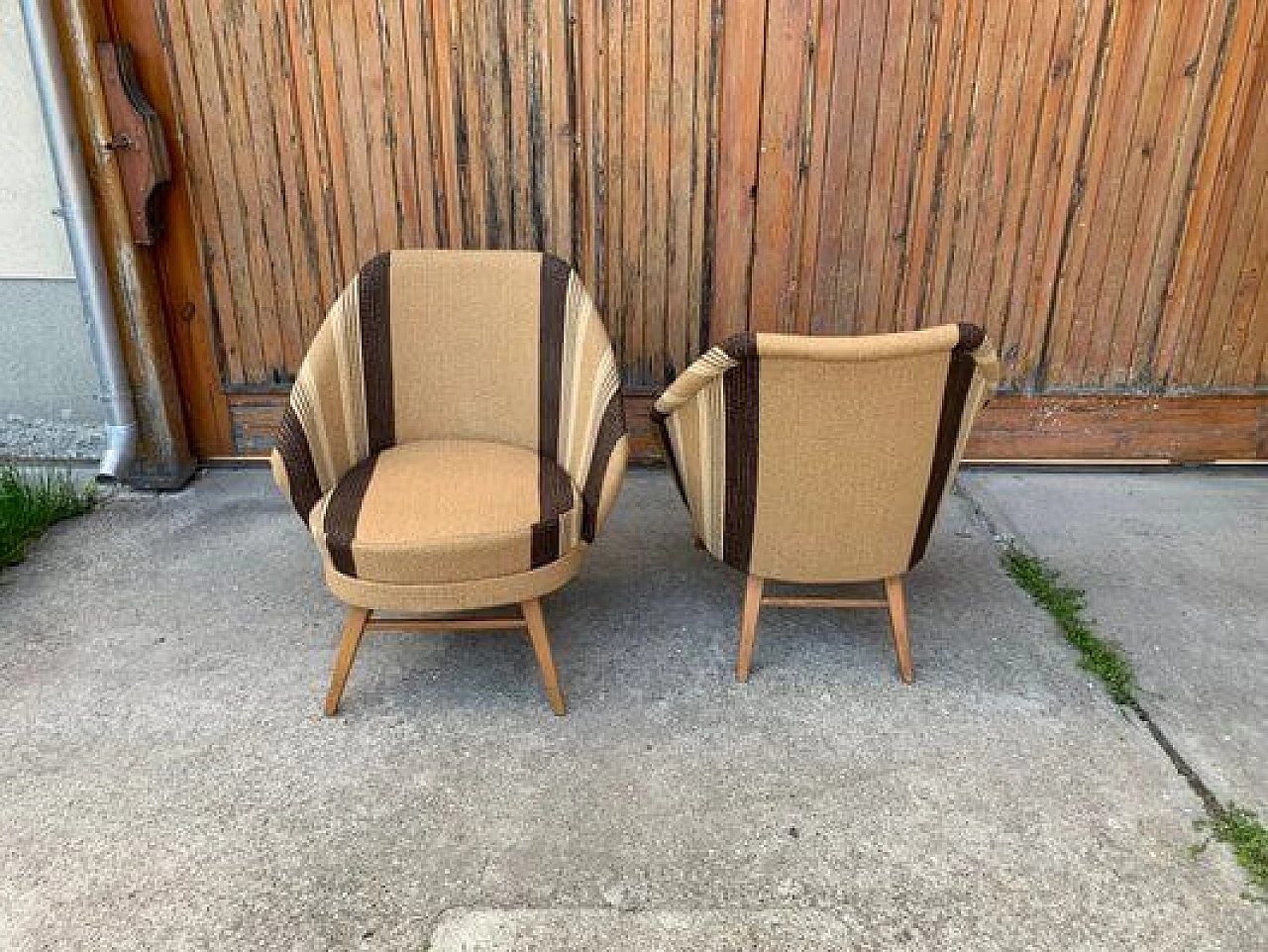 Pair of armchairs upholstered in brown striped fabric, 1950s 3