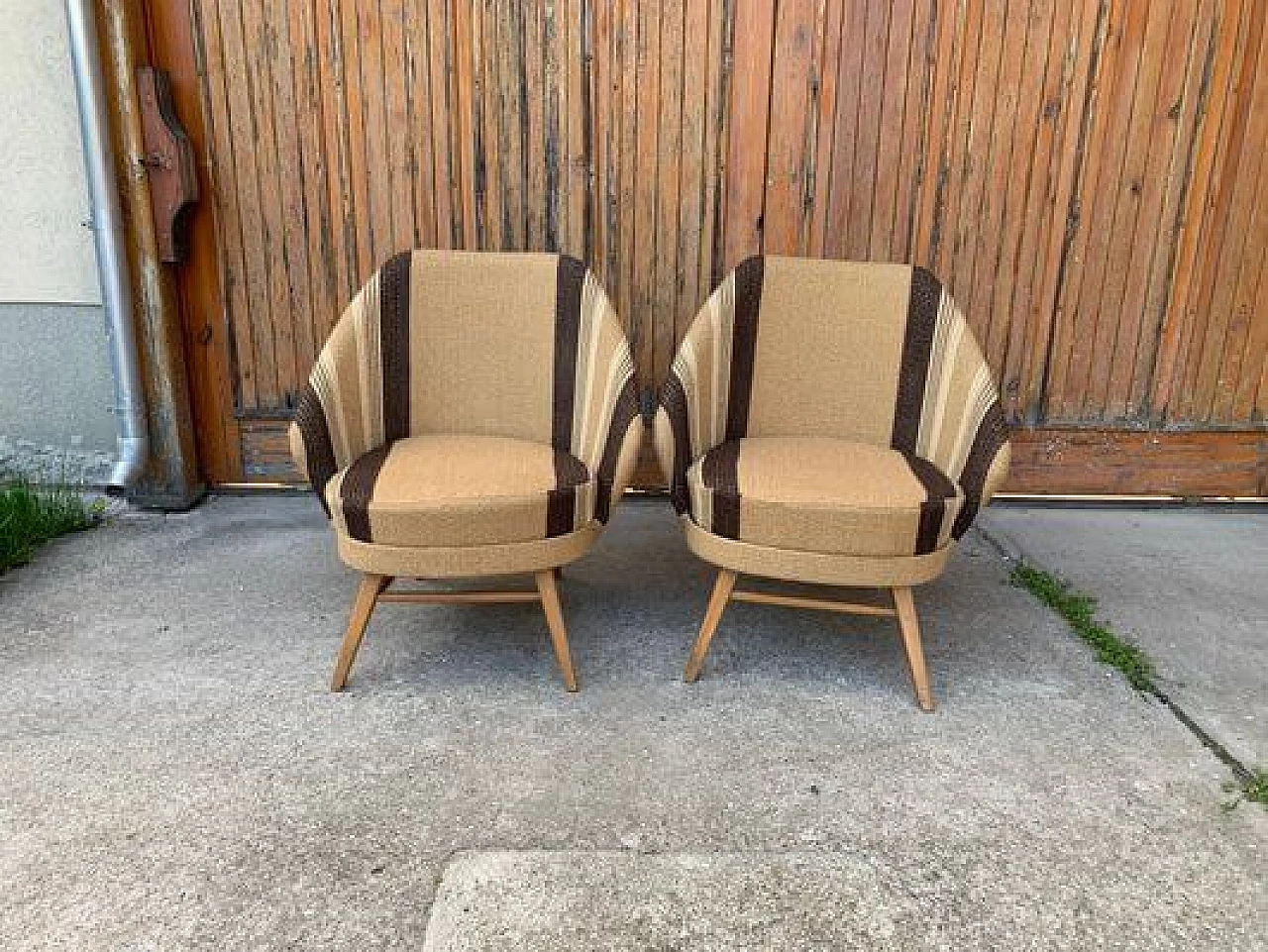 Pair of armchairs upholstered in brown striped fabric, 1950s 4