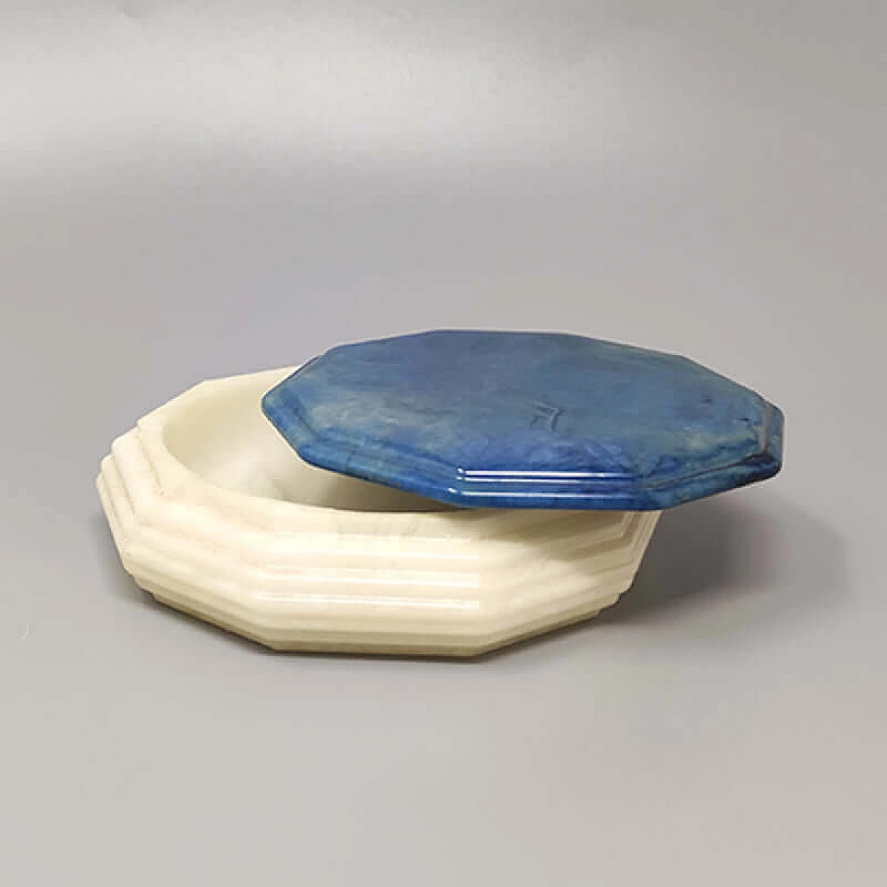 Blue and white alabaster octagonal box, 1960s 2