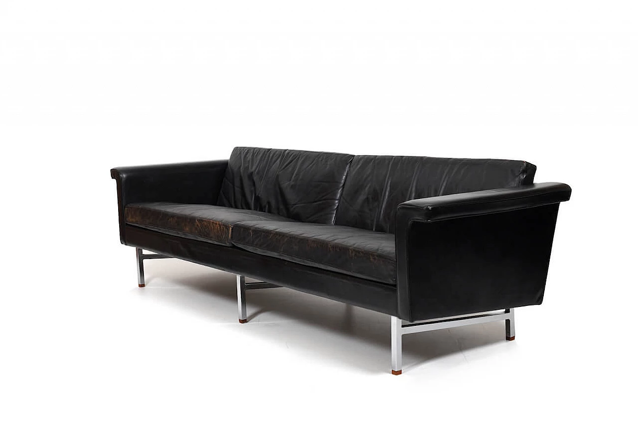 Black leather sofa with chrome structure and teak, 1960s 1