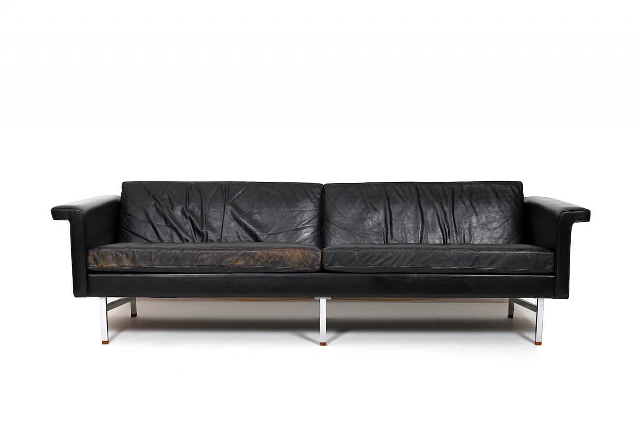 Black leather sofa with chrome structure and teak, 1960s 2