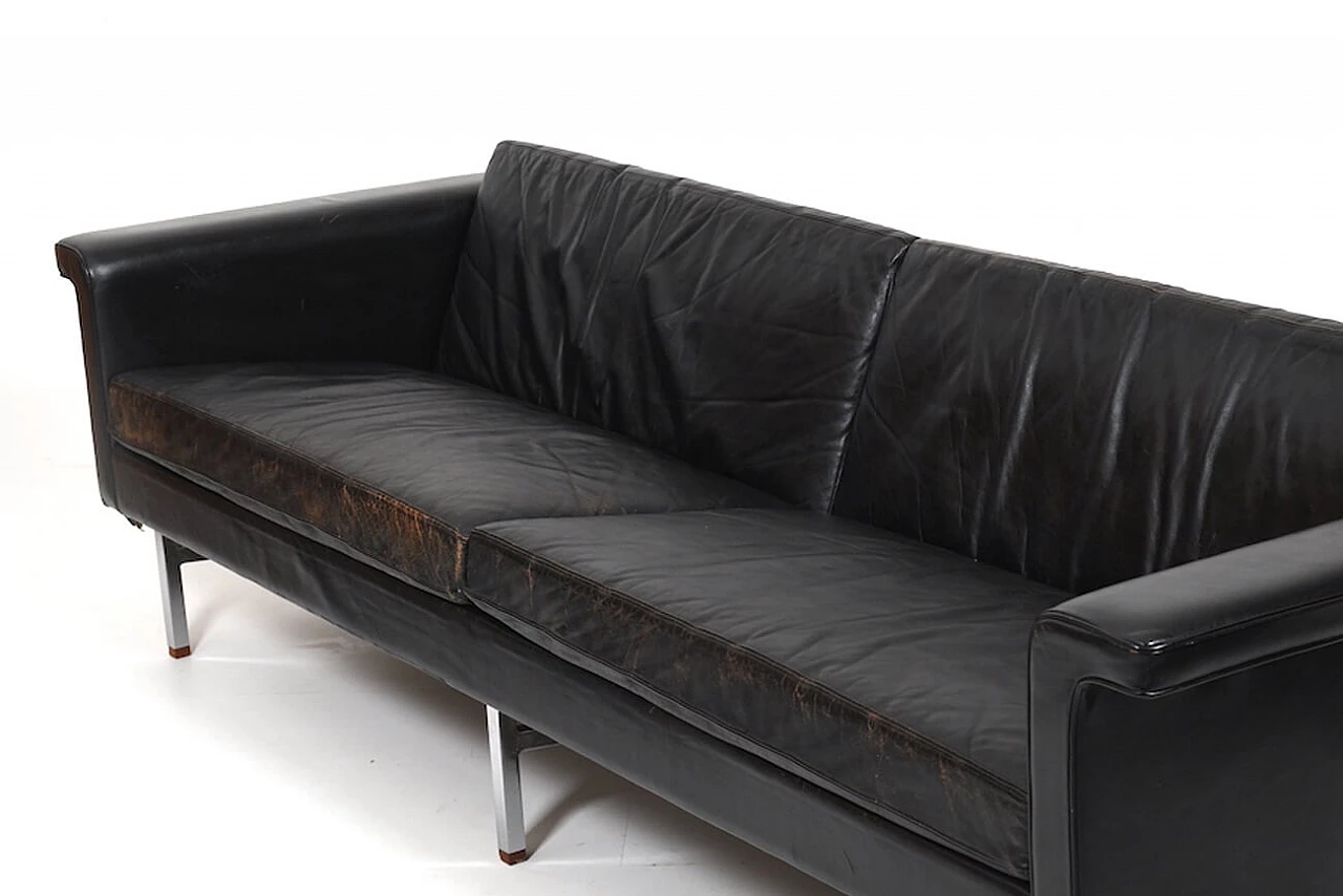 Black leather sofa with chrome structure and teak, 1960s 4