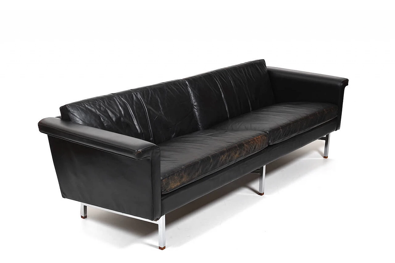 Black leather sofa with chrome structure and teak, 1960s 11