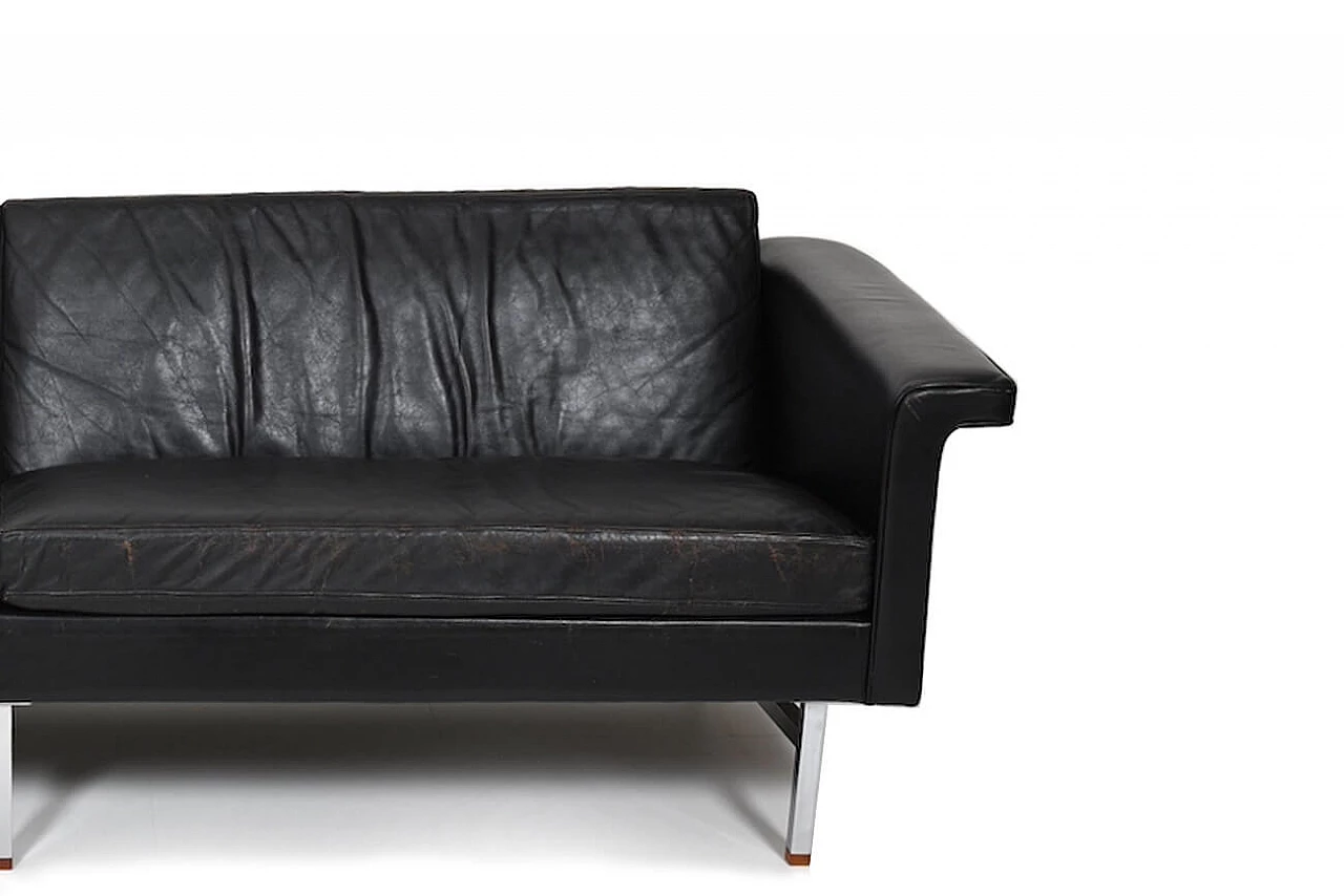 Black leather sofa with chrome structure and teak, 1960s 12