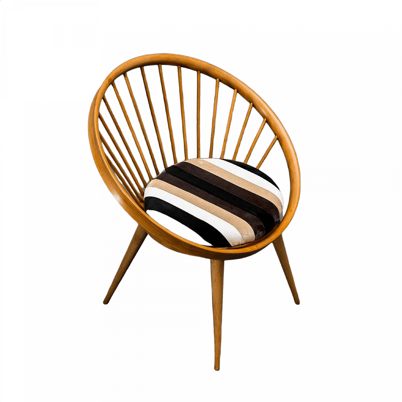 Circular wooden armchair with velvet cushion, 1960s 8