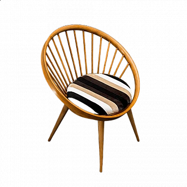 Circular wooden armchair with velvet cushion, 1960s