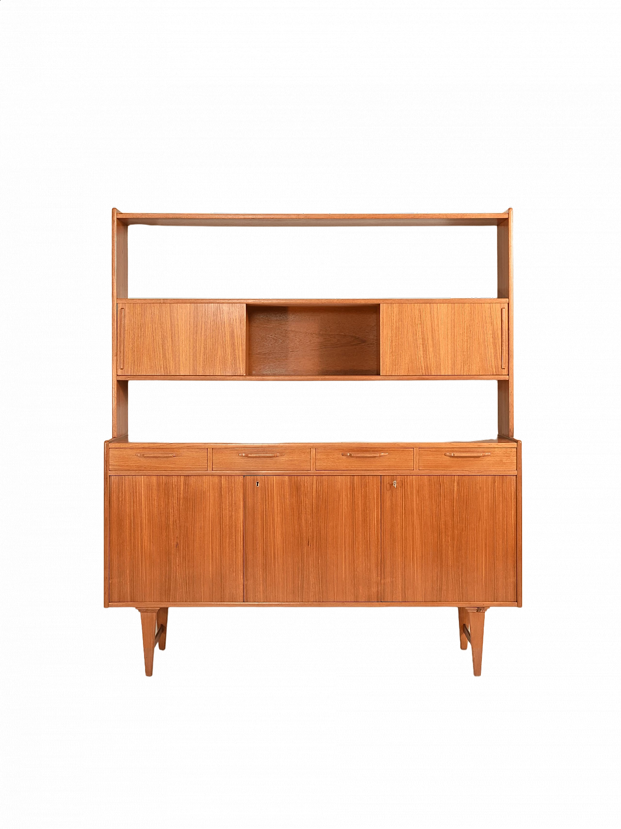 Teak sideboard with sliding doors and double shelf, 1960s 11