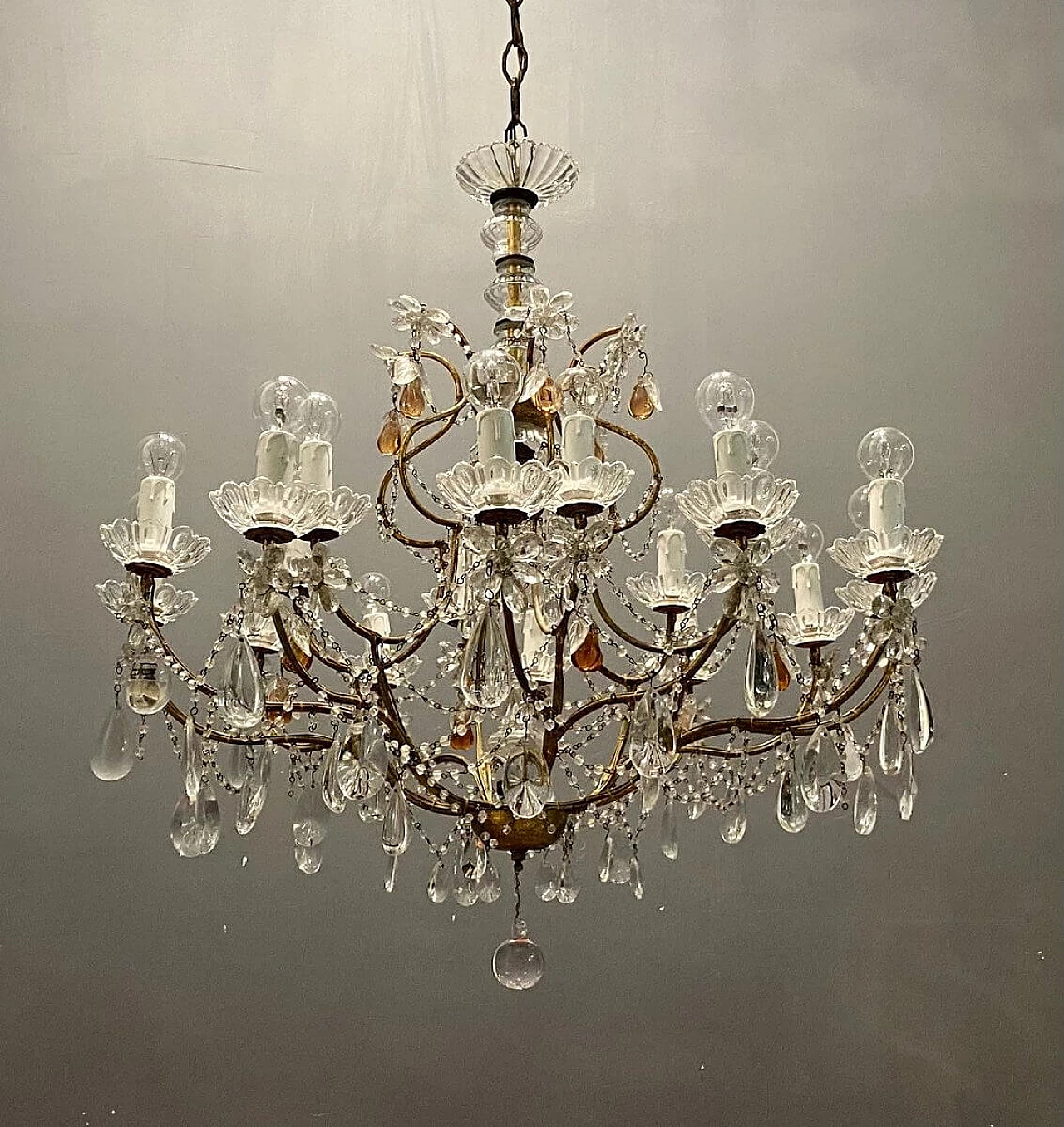 Lampadario a baldacchino in cristallo e vetro di Murano, anni '50 1