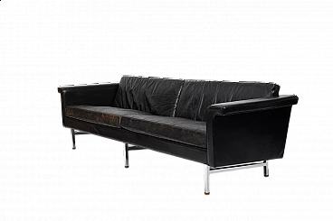 Divano in pelle nera con struttura cromata e teak, anni '60