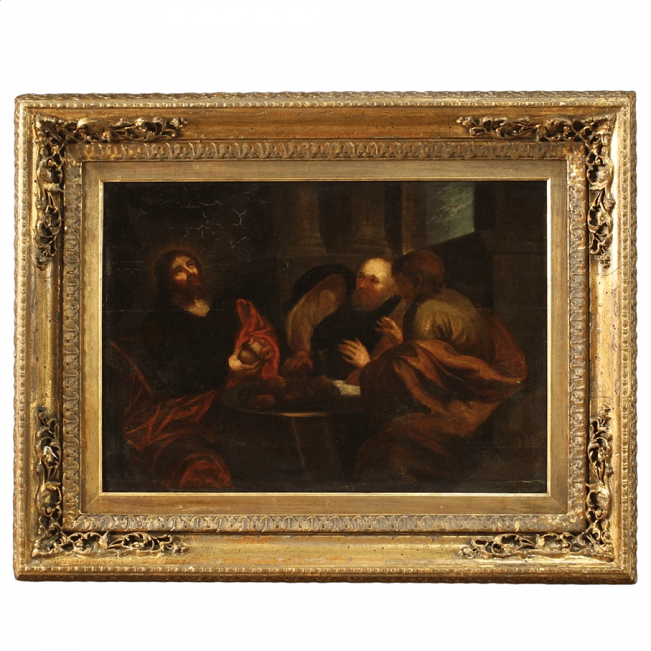Dipinto fiammingo raffigurante Cena in Emmaus, olio su tavola, '700 13